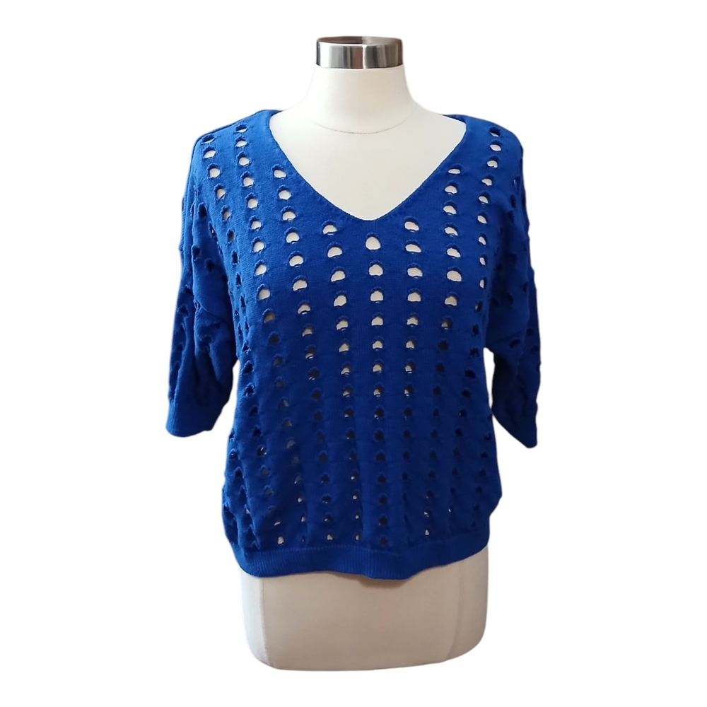 CeCe | Blue Boxy Cut Out Knit Blouse Size Large
